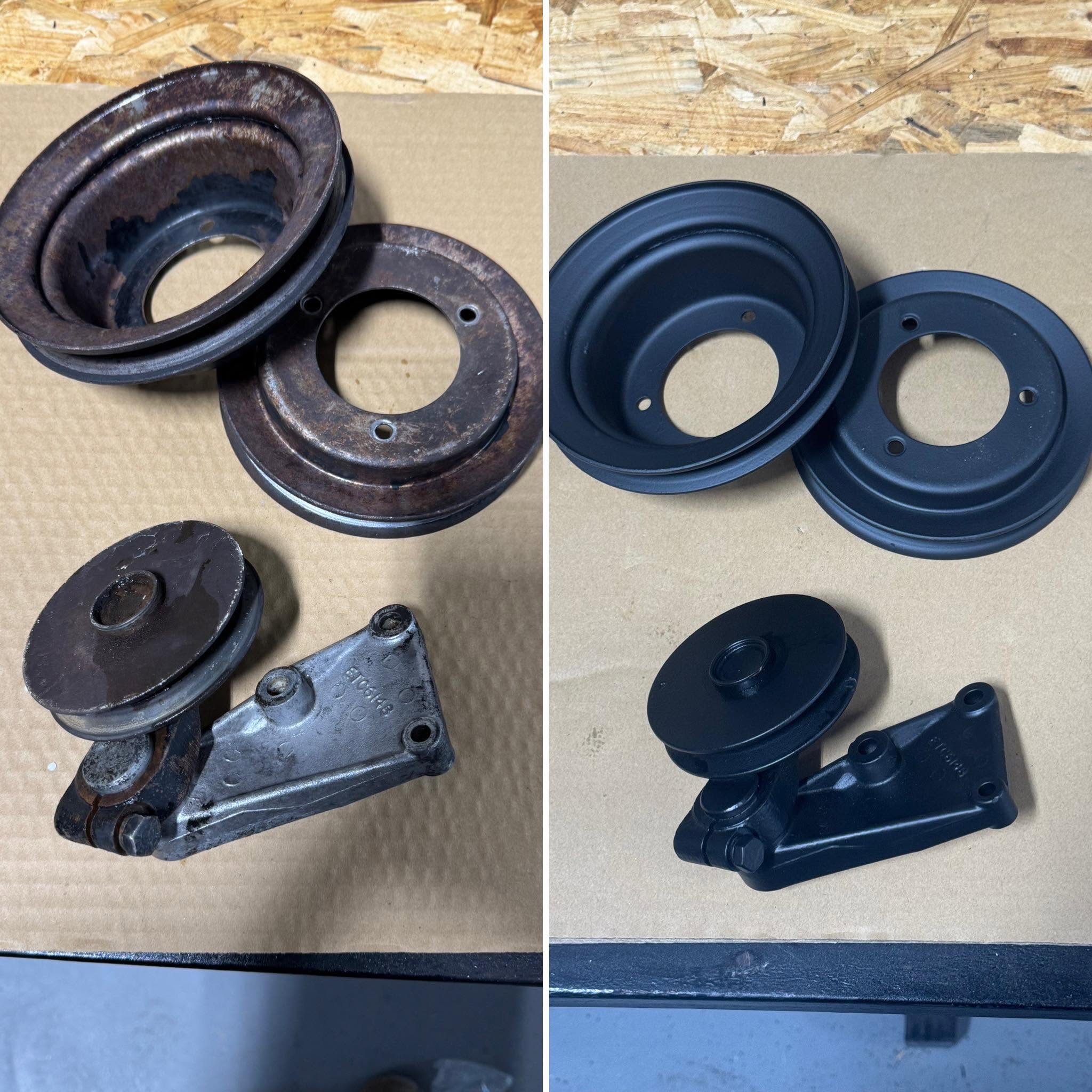 Rusty engine pulleys and bracket restored with satin-black powder coating